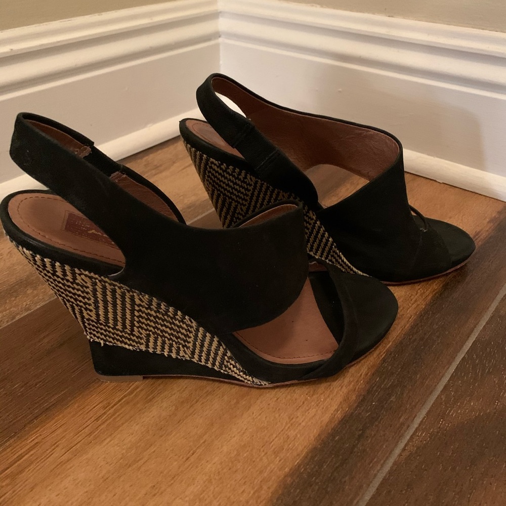 7 For All Mankind Black and Tan Woven Wedge Sandals